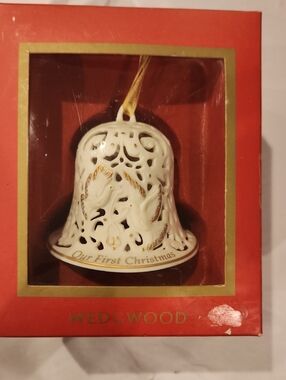 Wedgwood White Porcelain  Our First Christmas Bell Ornament with Gold Accents
